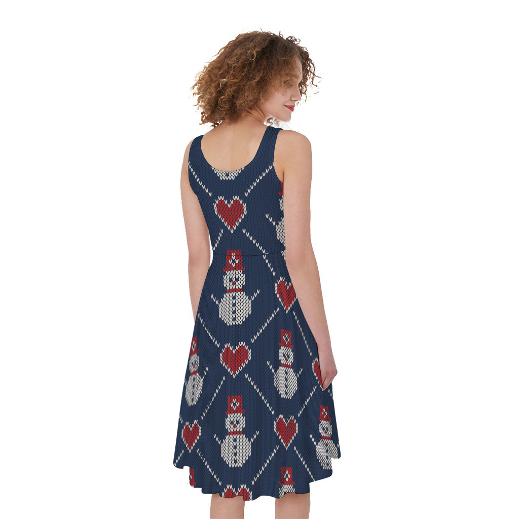 Cute Snowman Knitted Pattern Print Women's Sleeveless Dress