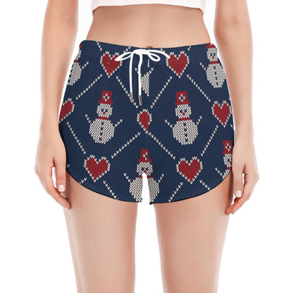 Cute Snowman Knitted Pattern Print Women's Split Running Shorts