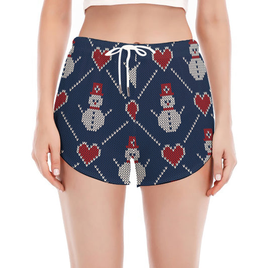 Cute Snowman Knitted Pattern Print Women's Split Running Shorts