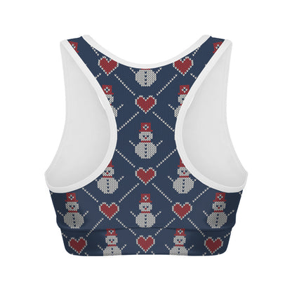 Cute Snowman Knitted Pattern Print Women's Sports Bra