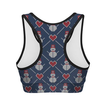 Cute Snowman Knitted Pattern Print Women's Sports Bra