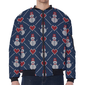 Cute Snowman Knitted Pattern Print Zip Sleeve Bomber Jacket