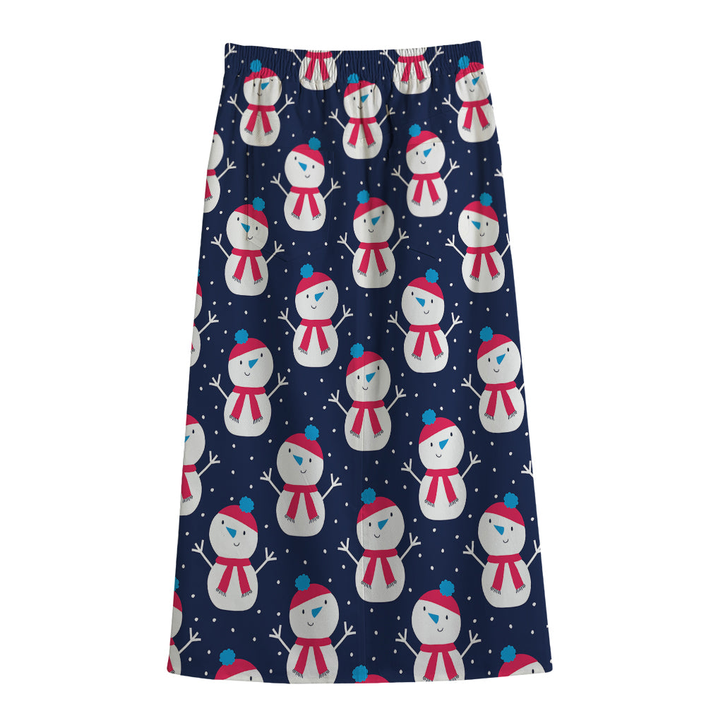 Cute Snowman Pattern Print Cotton Front Slit Maxi Skirt