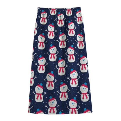 Cute Snowman Pattern Print Cotton Front Slit Maxi Skirt