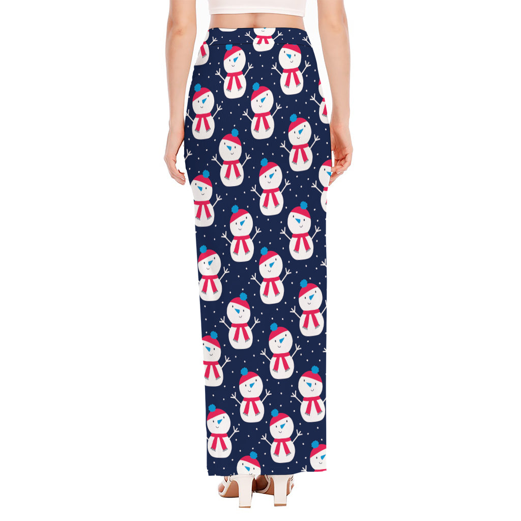 Cute Snowman Pattern Print High Slit Maxi Skirt