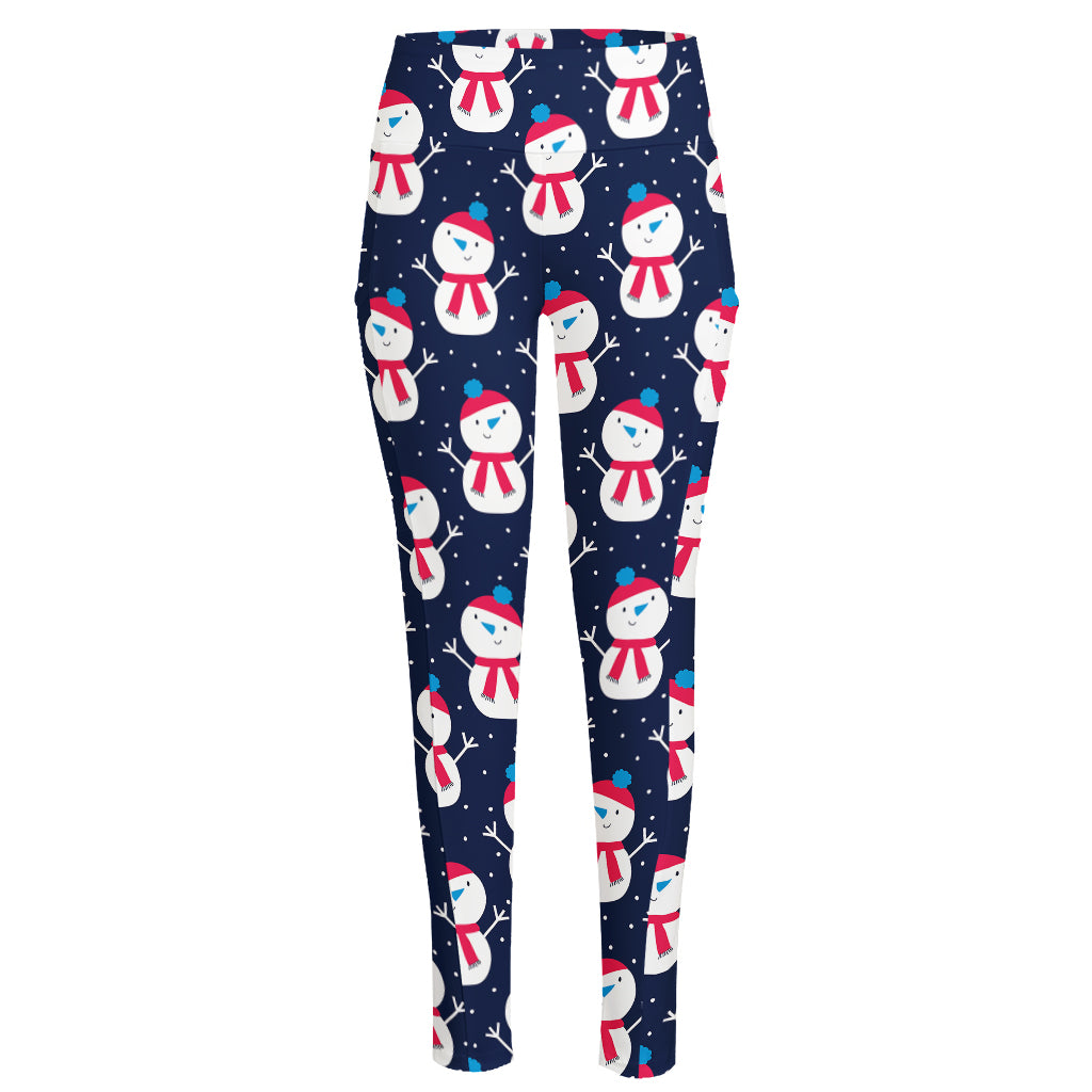 Cute Snowman Pattern Print High-Waisted Pocket Leggings