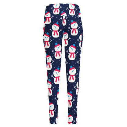 Cute Snowman Pattern Print High-Waisted Pocket Leggings