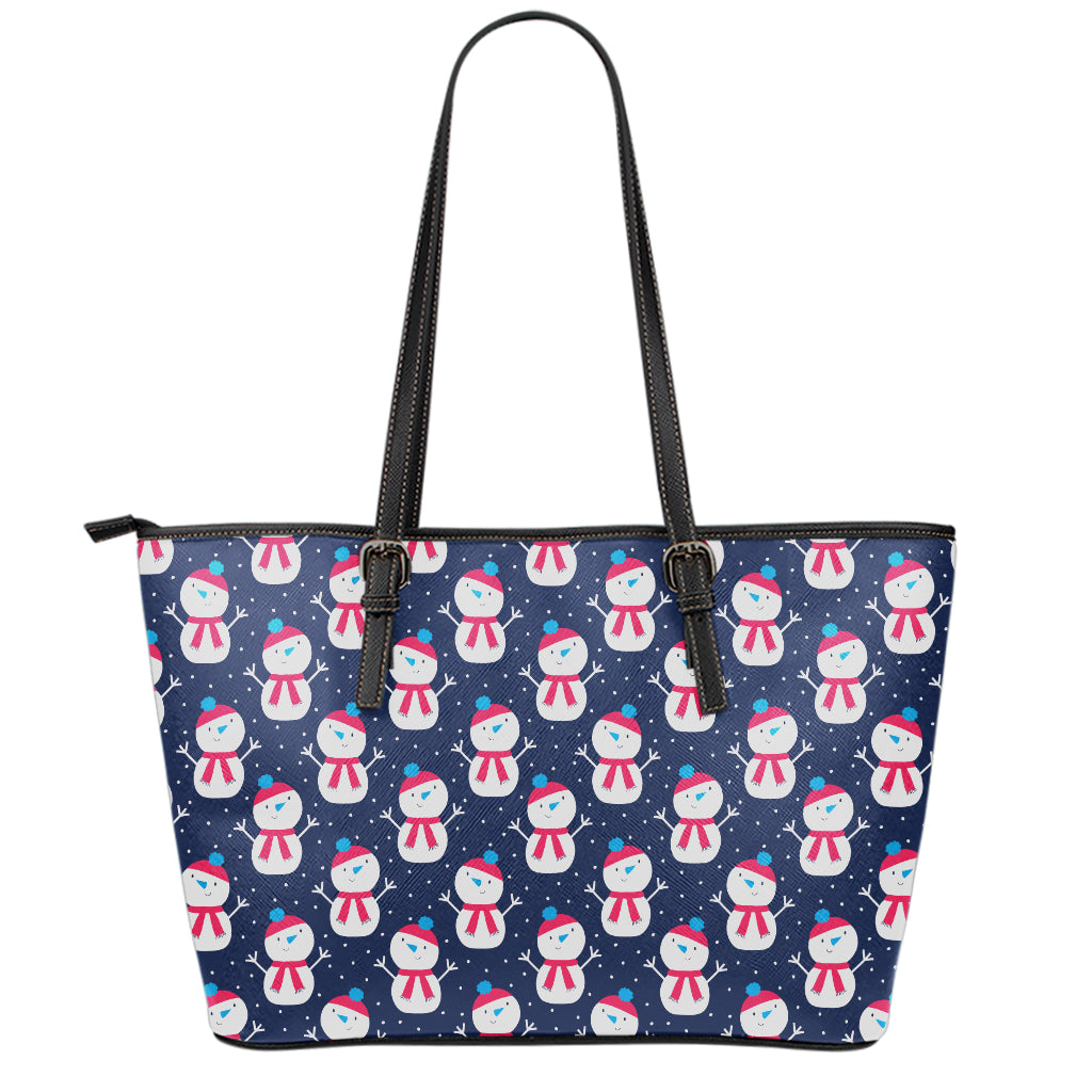 Cute Snowman Pattern Print Leather Tote Bag