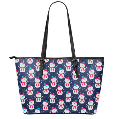 Cute Snowman Pattern Print Leather Tote Bag