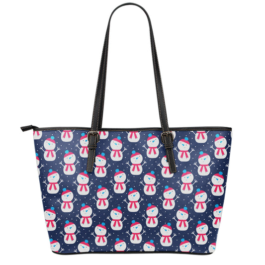 Cute Snowman Pattern Print Leather Tote Bag