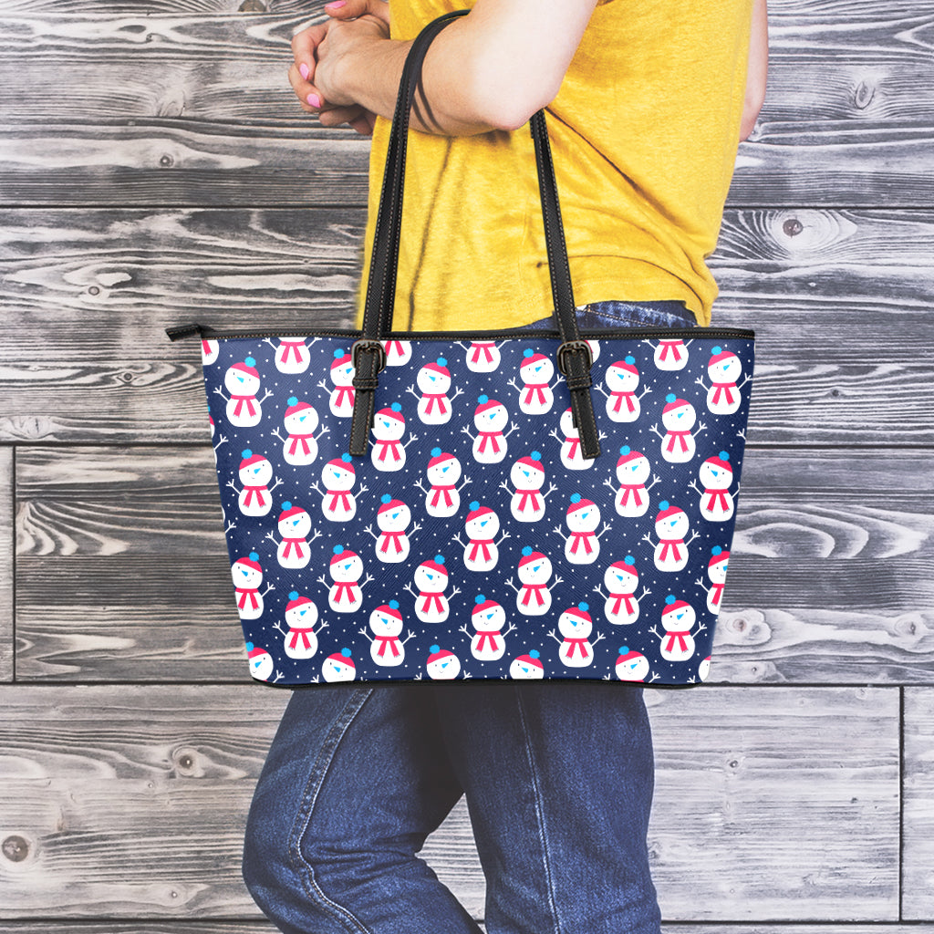 Cute Snowman Pattern Print Leather Tote Bag