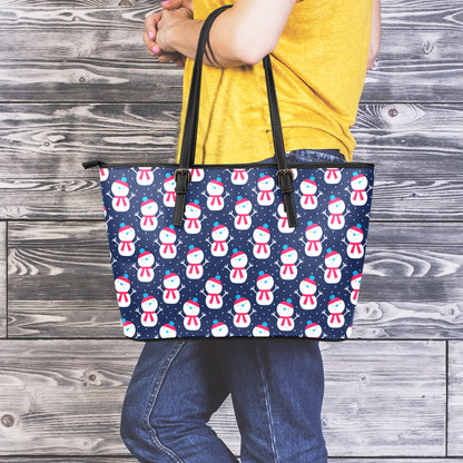 Cute Snowman Pattern Print Leather Tote Bag