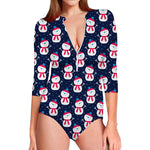 Cute Snowman Pattern Print Long Sleeve Swimsuit