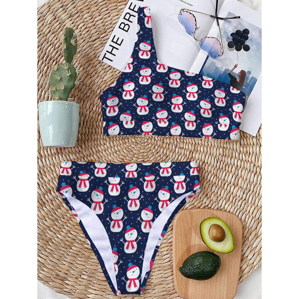 Cute Snowman Pattern Print One Shoulder Bikini Top