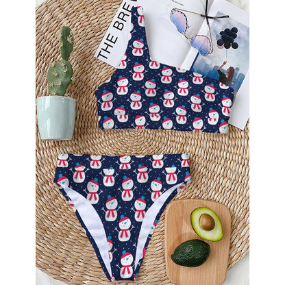 Cute Snowman Pattern Print One Shoulder Bikini Top