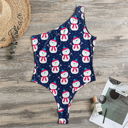 Cute Snowman Pattern Print One Shoulder Bodysuit