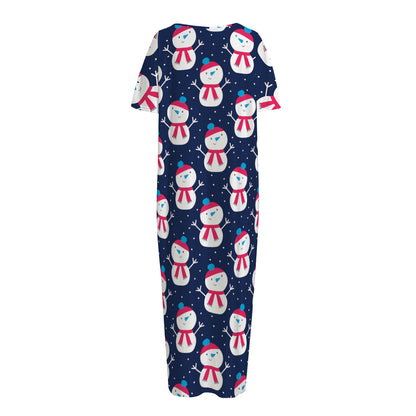 Cute Snowman Pattern Print Short Sleeve Long Nightdress