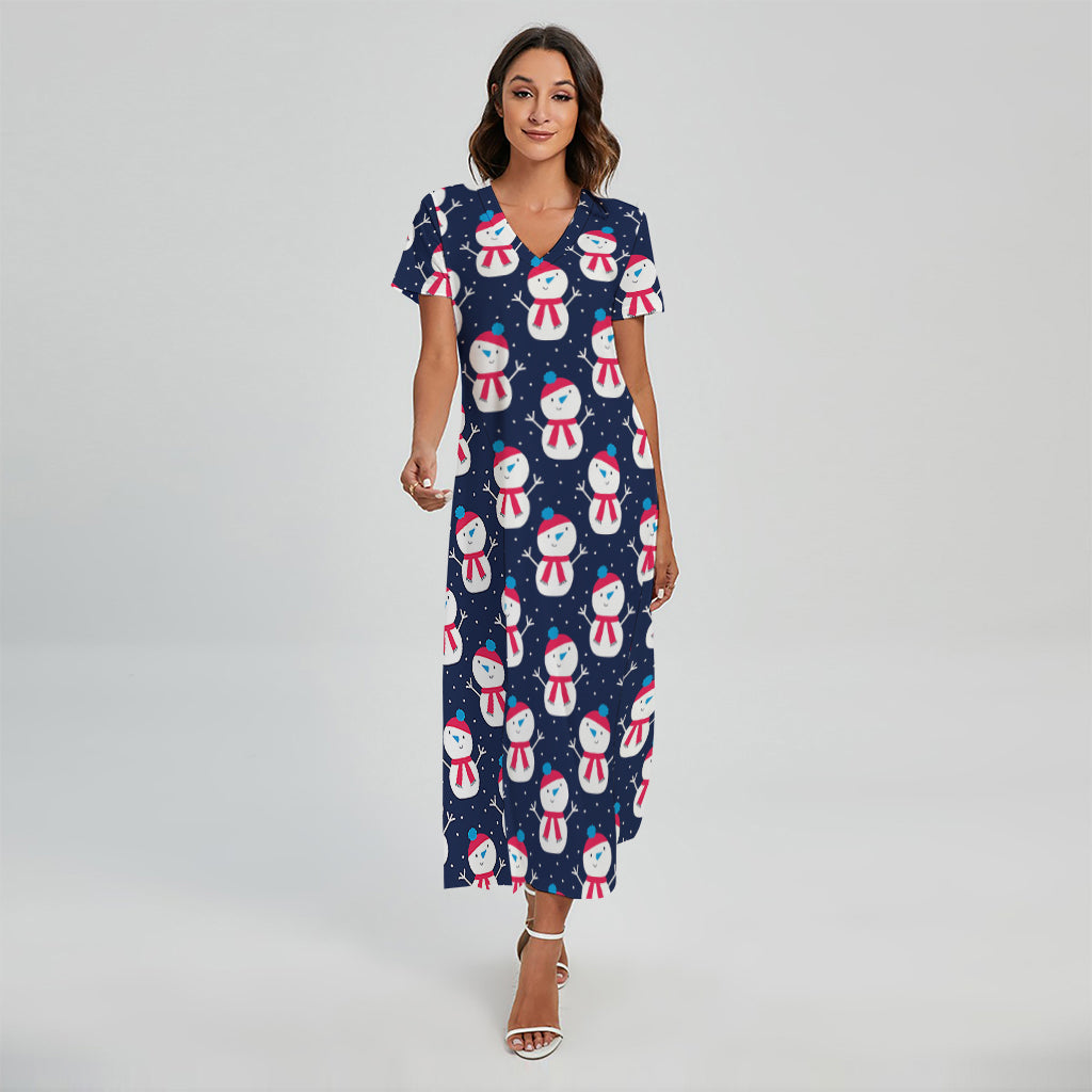 Cute Snowman Pattern Print Short Sleeve Maxi Dress