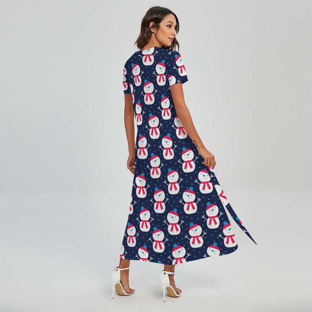 Cute Snowman Pattern Print Short Sleeve Maxi Dress