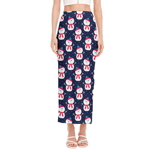 Cute Snowman Pattern Print Side Slit Maxi Skirt
