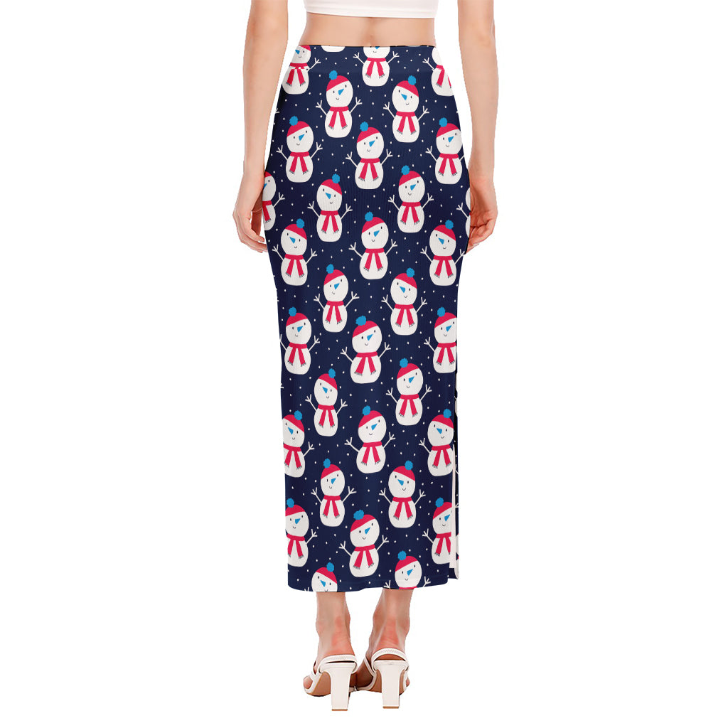 Cute Snowman Pattern Print Side Slit Maxi Skirt