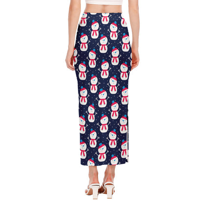Cute Snowman Pattern Print Side Slit Maxi Skirt