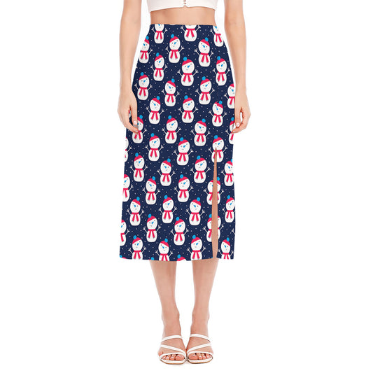 Cute Snowman Pattern Print Side Slit Midi Skirt