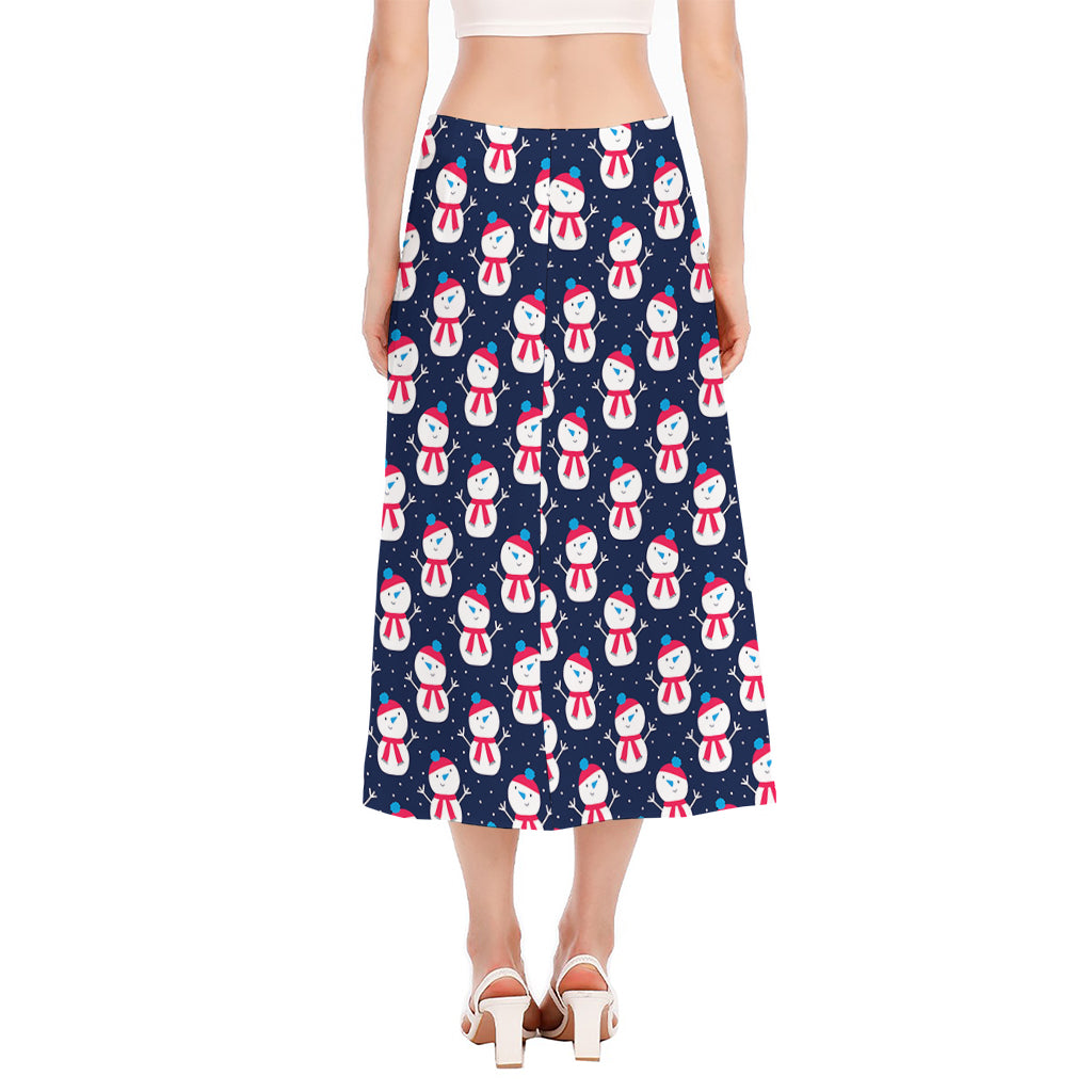 Cute Snowman Pattern Print Side Slit Midi Skirt