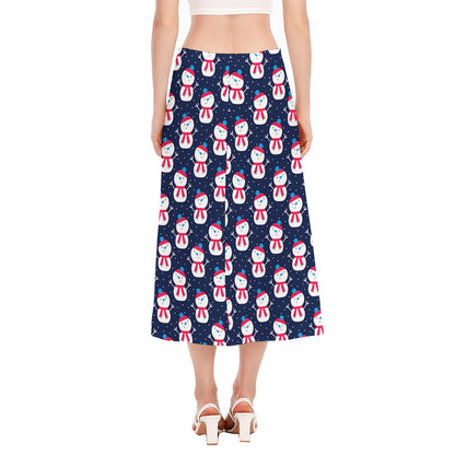 Cute Snowman Pattern Print Side Slit Midi Skirt