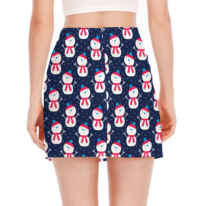 Cute Snowman Pattern Print Side Slit Mini Skirt