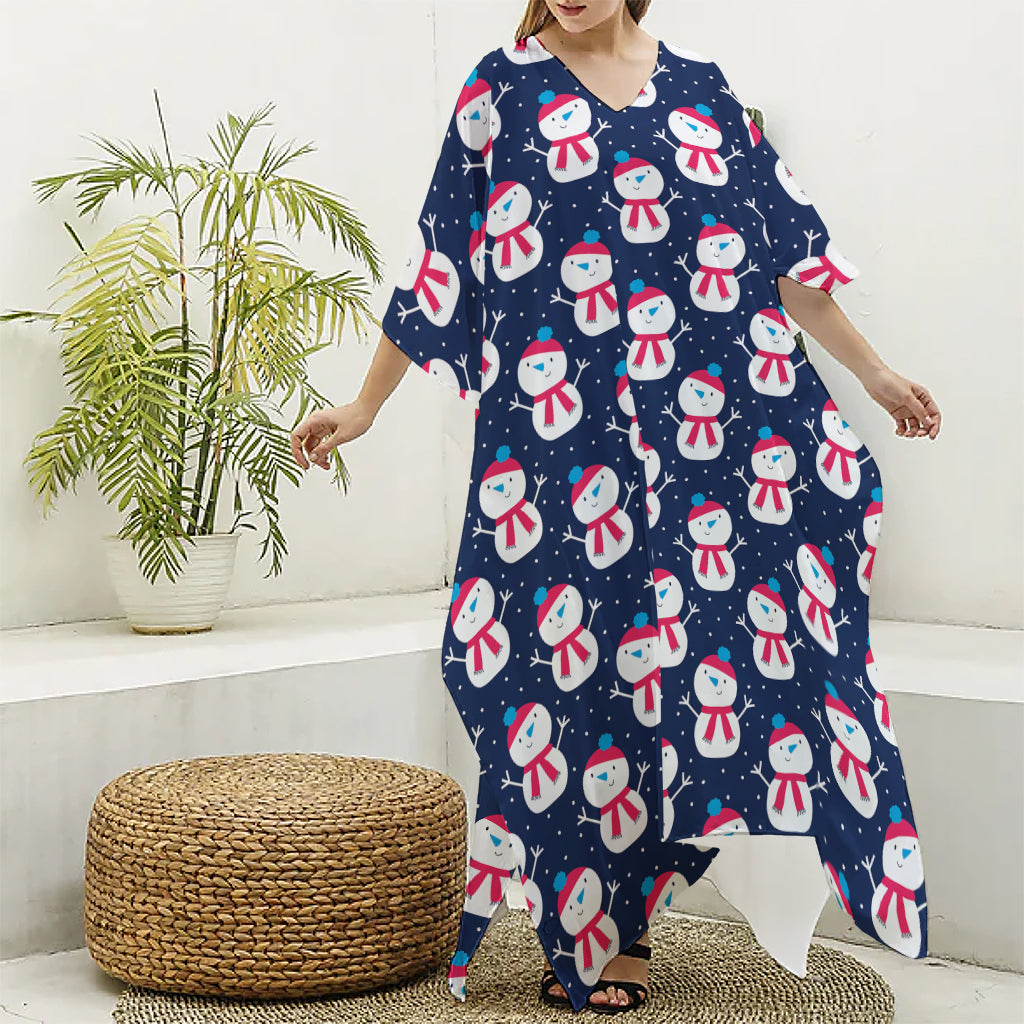 Cute Snowman Pattern Print Silk V-Neck Kaftan Dress