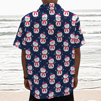 Cute Snowman Pattern Print Textured Short Sleeve Shirt