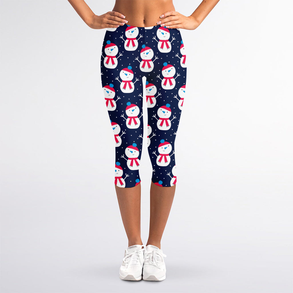 Cute Snowman Pattern Print Women's Capri Leggings