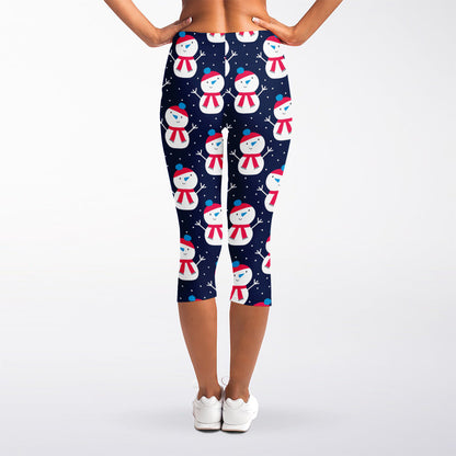 Cute Snowman Pattern Print Women's Capri Leggings
