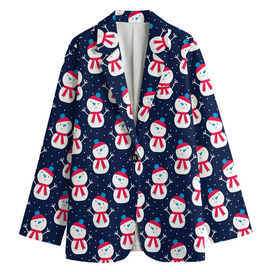 Cute Snowman Pattern Print Women's Cotton Blazer