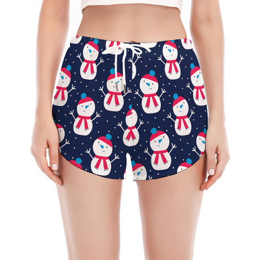 Cute Snowman Pattern Print Women's Split Running Shorts