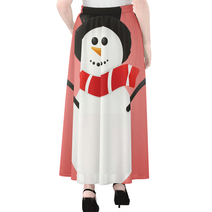 Cute Snowman Print Chiffon Maxi Skirt