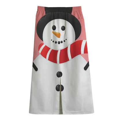 Cute Snowman Print Cotton Front Slit Maxi Skirt