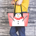 Cute Snowman Print Leather Tote Bag