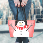 Cute Snowman Print Leather Tote Bag