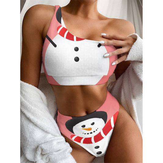 Cute Snowman Print One Shoulder Bikini Top