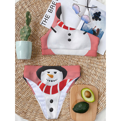 Cute Snowman Print One Shoulder Bikini Top