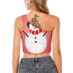 Cute Snowman Print One Shoulder Crop Top
