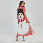 Cute Snowman Print Short Sleeve Maxi Dress