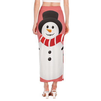 Cute Snowman Print Side Slit Maxi Skirt