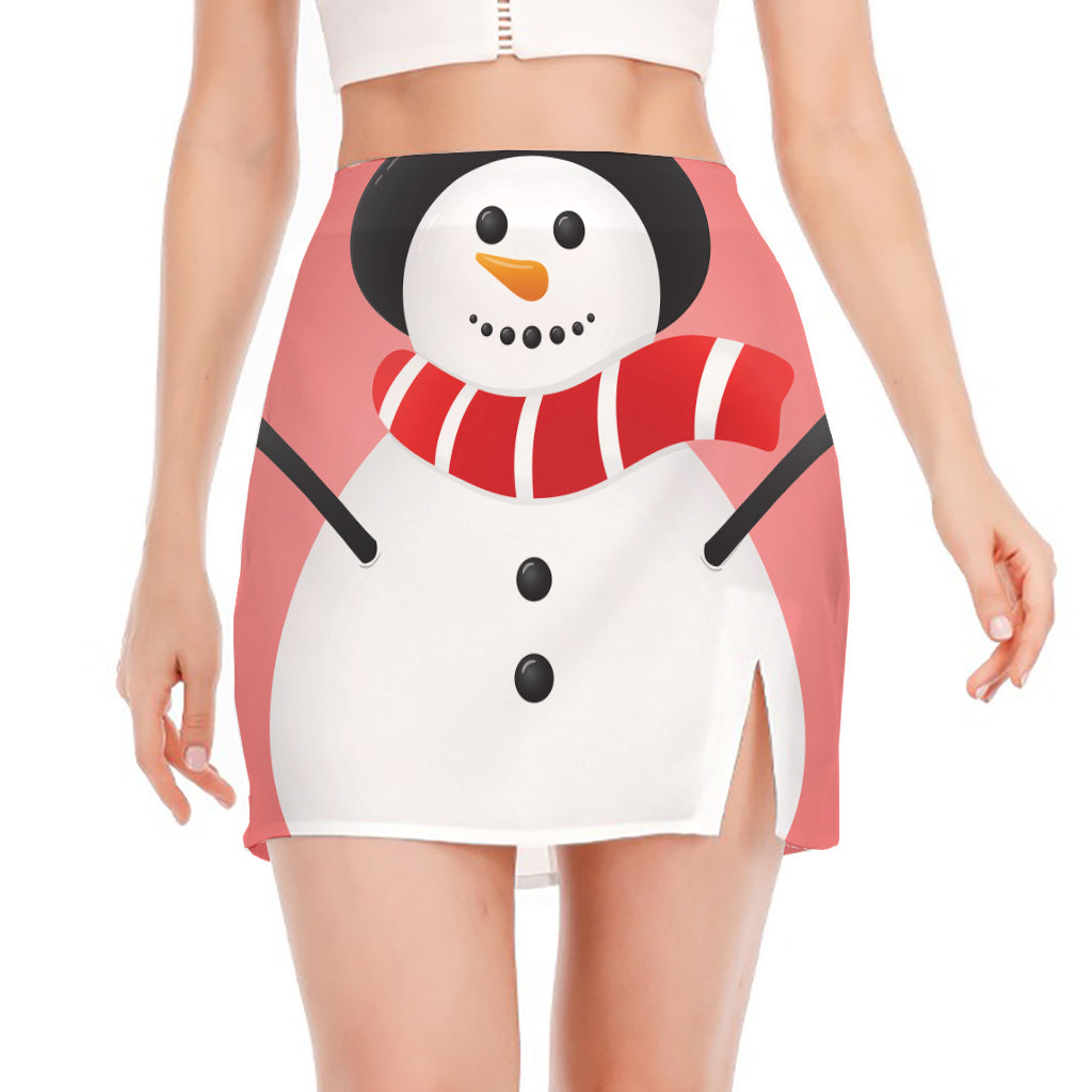 Cute Snowman Print Side Slit Mini Skirt