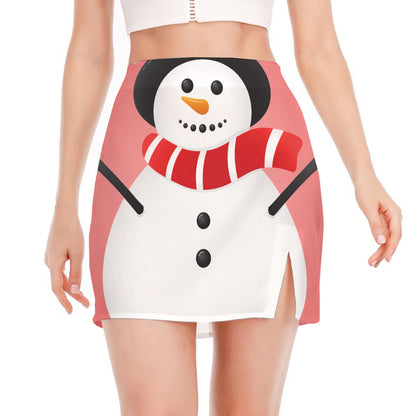 Cute Snowman Print Side Slit Mini Skirt