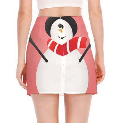 Cute Snowman Print Side Slit Mini Skirt