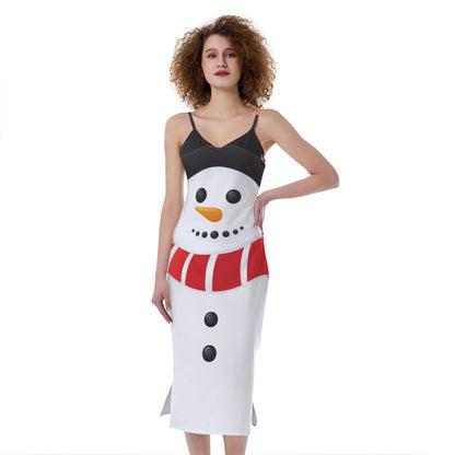 Cute Snowman Print Slim Fit Midi Cami Dress