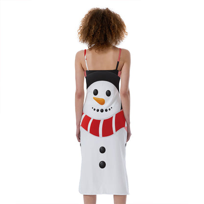 Cute Snowman Print Slim Fit Midi Cami Dress